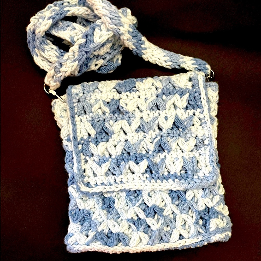 Handmade Blue and White Crossbody Bag with Geometric Pattern and Braided Strap